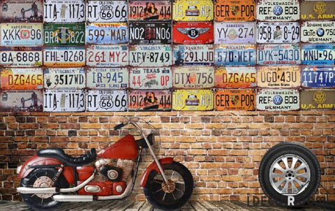 Image of Red Brick Wall 3D Licence Plates Red Motorbike Living Room Art Wall Murals Wallpaper Decals Prints Decor IDCWP-JB-000934