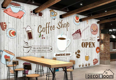 Image of White Wooden Wall Graphic Design Coffee Shop Restaurant Art Wall Murals Wallpaper Decals Prints Decor IDCWP-JB-000941