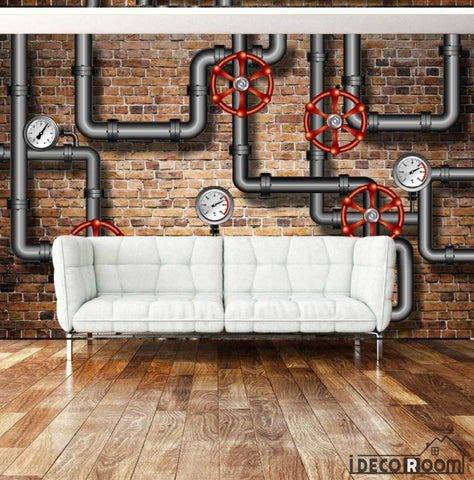 Image of Red Brick Wall 3D Black Pipes Living Room Art Wall Murals Wallpaper Decals Prints Decor IDCWP-JB-000944