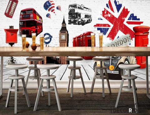 Image of White Wall 3D London Bus Post Big Ben Restaurant Coffee Shop Art Wall Murals Wallpaper Decals Prints Decor IDCWP-JB-000955