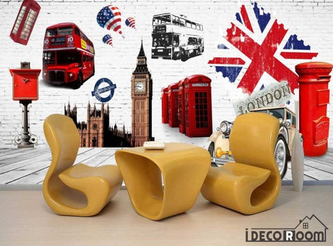 Image of White Wall 3D London Bus Post Big Ben Restaurant Coffee Shop Art Wall Murals Wallpaper Decals Prints Decor IDCWP-JB-000955