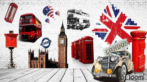 Image of White Wall 3D London Bus Post Big Ben Restaurant Coffee Shop Art Wall Murals Wallpaper Decals Prints Decor IDCWP-JB-000955