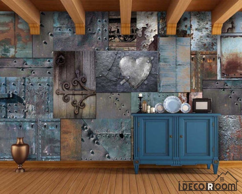 Image of Blue Metal Blocks Heart Door Shape On Wall Restaurant Art Wall Murals Wallpaper Decals Prints Decor IDCWP-JB-000963