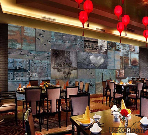 Image of Blue Metal Blocks Heart Door Shape On Wall Restaurant Art Wall Murals Wallpaper Decals Prints Decor IDCWP-JB-000963