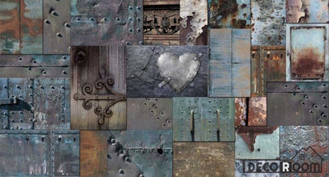 Image of Blue Metal Blocks Heart Door Shape On Wall Restaurant Art Wall Murals Wallpaper Decals Prints Decor IDCWP-JB-000963