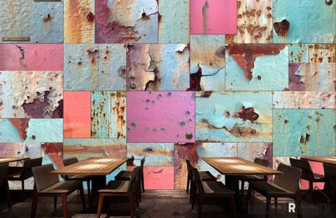 Image of Pink Rotten Metal Blocks On Wall Restaurant Art Wall Murals Wallpaper Decals Prints Decor IDCWP-JB-000964