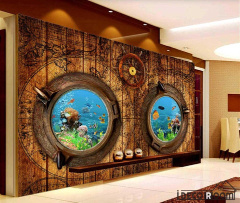 Image of Wooden Wall 3D Aquarium Window Restaurant Art Wall Murals Wallpaper Decals Prints Decor IDCWP-JB-000966