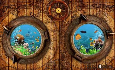 Image of Wooden Wall 3D Aquarium Window Restaurant Art Wall Murals Wallpaper Decals Prints Decor IDCWP-JB-000966