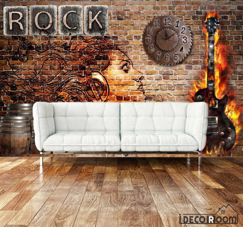 Image of Red Brick Wall Drawing Dj Woman Electric Guitar On Fire Living Room Art Wall Murals Wallpaper Decals Prints Decor IDCWP-JB-000998