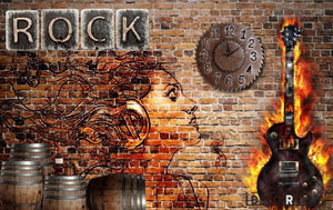 Red Brick Wall Drawing Dj Woman Electric Guitar On Fire Living Room Art Wall Murals Wallpaper Decals Prints Decor IDCWP-JB-000998