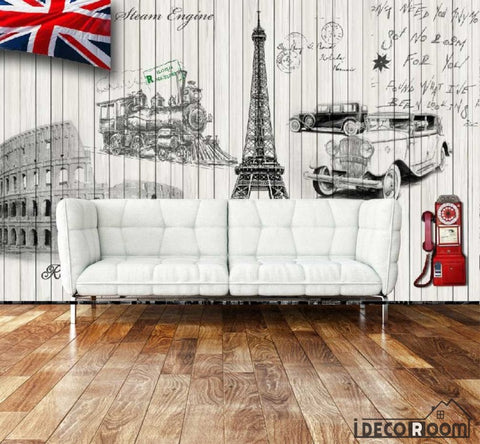 Image of White Wall Paris Rome London Symbols Living Room Art Wall Murals Wallpaper Decals Prints Decor IDCWP-JB-001008