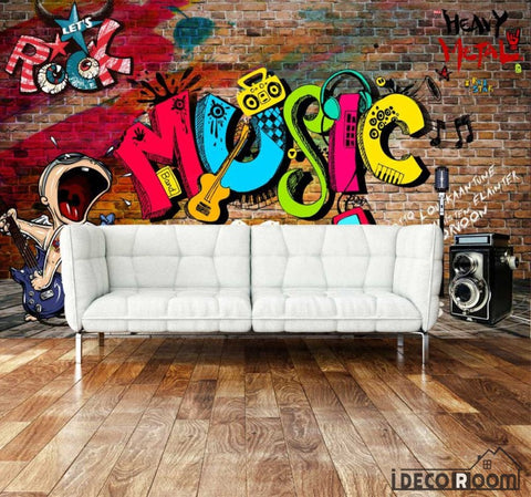 Image of Rock music graffiti brick wall mural with colorful letters