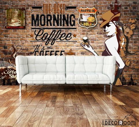 Image of Red Brick Wall Morning Coffee Living Room Art Wall Murals Wallpaper Decals Prints Decor IDCWP-JB-001085