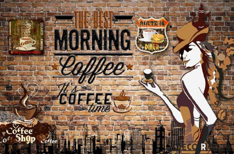 Image of Red Brick Wall Morning Coffee Living Room Art Wall Murals Wallpaper Decals Prints Decor IDCWP-JB-001085