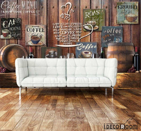 Image of Wooden Wall 3D Coffe Posters Red Wine On Wall Living Room Art Wall Murals Wallpaper Decals Prints Decor IDCWP-JB-001087