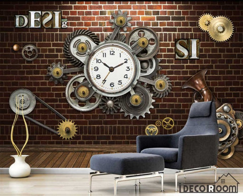 Image of Red Brick Wall 3D Clock Gear Living Room Restaurant Art Wall Murals Wallpaper Decals Prints Decor IDCWP-JB-001095