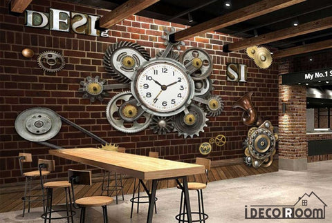 Image of Red Brick Wall 3D Clock Gear Living Room Restaurant Art Wall Murals Wallpaper Decals Prints Decor IDCWP-JB-001095