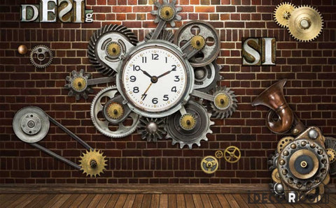 Image of Red Brick Wall 3D Clock Gear Living Room Restaurant Art Wall Murals Wallpaper Decals Prints Decor IDCWP-JB-001095