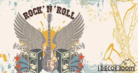 Image of Graphic Design Rock And Roll Jazz Drawing Electric Guitar Wings Living Room Restaurant Art Wall Murals Wallpaper Decals Prints Decor IDCWP-JB-001100
