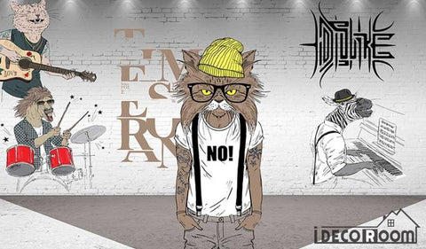 Image of White Brick Wall 3D Hipster Animals Playing Instruments Living Room Restaurant Art Wall Murals Wallpaper Decals Prints Decor IDCWP-JB-001101