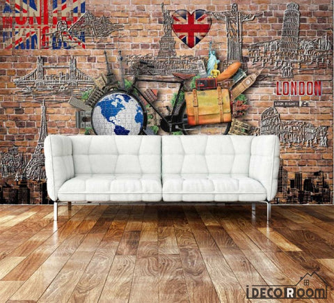 Image of Red Brick Wall Graphic Design London Paris Rome New York Pisa City Drawings Living Room Art Wall Murals Wallpaper Decals Prints Decor IDCWP-JB-001108