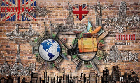 Image of Red Brick Wall Graphic Design London Paris Rome New York Pisa City Drawings Living Room Art Wall Murals Wallpaper Decals Prints Decor IDCWP-JB-001108