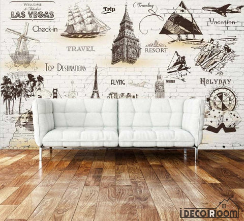 Image of White Brick Wall Sepia Drawings Travel Holiday Boats Cities Living Room Art Wall Murals Wallpaper Decals Prints Decor IDCWP-JB-001110