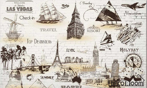 Image of White Brick Wall Sepia Drawings Travel Holiday Boats Cities Living Room Art Wall Murals Wallpaper Decals Prints Decor IDCWP-JB-001110