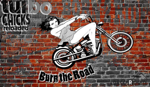 Image of Brick Wall 3D Black And White Motorbike Woman Drawing Restaurant Art Wall Murals Wallpaper Decals Prints Decor IDCWP-JB-001113