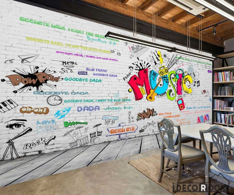 Image of White Brick Wall 3D Colorful Music Letters Restaurant Living Room Art Wall Murals Wallpaper Decals Prints Decor IDCWP-JB-001115