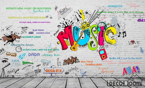 Image of White Brick Wall 3D Colorful Music Letters Restaurant Living Room Art Wall Murals Wallpaper Decals Prints Decor IDCWP-JB-001115