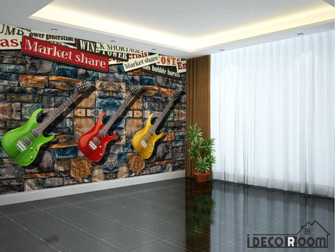 Image of Stone Wall 3D Colorful Electric Guitars Hanging On Wall Living Room Art Wall Murals Wallpaper Decals Prints Decor IDCWP-JB-001117