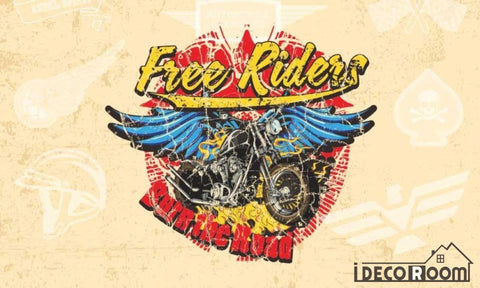 Image of Graphic Design Free Riders Drawing Black Motorbike Wings Restaurant Art Wall Murals Wallpaper Decals Prints Decor IDCWP-JB-001121