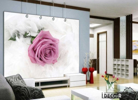 Image of Graphic Design 3D Pink Rose White Feathers Living Room Art Wall Murals Wallpaper Decals Prints Decor IDCWP-JB-001122