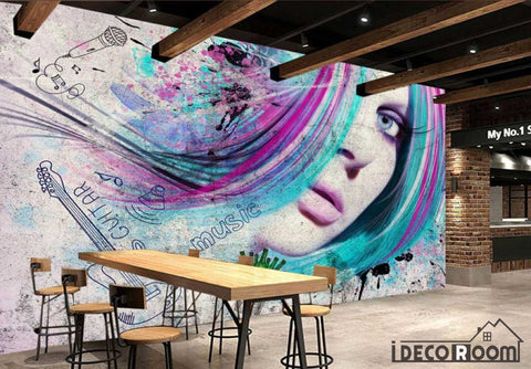 Image of Graphic Design Woman Colorful Hair Restaurant Art Wall Murals Wallpaper Decals Prints Decor IDCWP-JB-001131