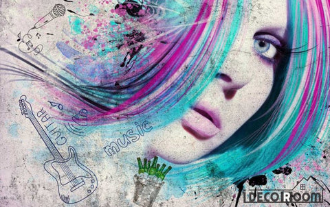 Image of Graphic Design Woman Colorful Hair Restaurant Art Wall Murals Wallpaper Decals Prints Decor IDCWP-JB-001131