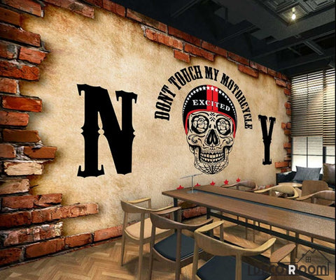 Image of Broken Brick Wall Black Skull Drawing Restaurant Art Wall Murals Wallpaper Decals Prints Decor IDCWP-JB-001132