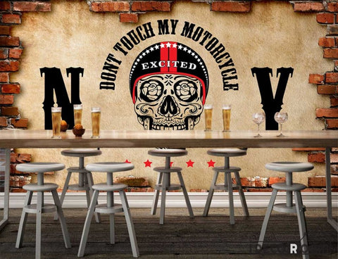 Image of Broken Brick Wall Black Skull Drawing Restaurant Art Wall Murals Wallpaper Decals Prints Decor IDCWP-JB-001132