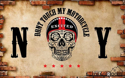 Image of Broken Brick Wall Black Skull Drawing Restaurant Art Wall Murals Wallpaper Decals Prints Decor IDCWP-JB-001132