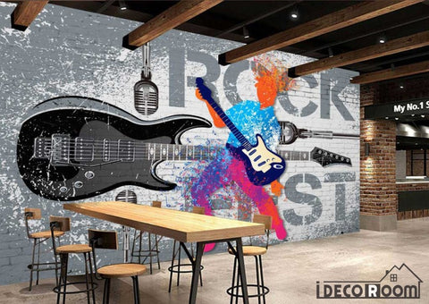 Image of Gray Wall Graphic Design Colorful Drawing Man Playing Electric Guitar Restaurant Art Wall Murals Wallpaper Decals Prints Decor IDCWP-JB-001134