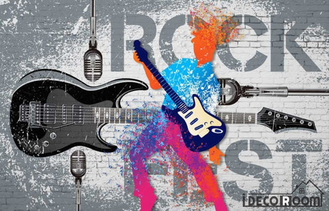 Image of Gray Wall Graphic Design Colorful Drawing Man Playing Electric Guitar Restaurant Art Wall Murals Wallpaper Decals Prints Decor IDCWP-JB-001134