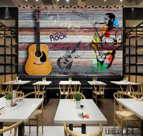 Image of Colorful Wooden Wall 3D Guitar Drawing Man With Saxophone Restaurant Art Wall Murals Wallpaper Decals Prints Decor IDCWP-JB-001135