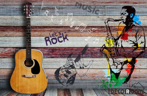 Image of Colorful Wooden Wall 3D Guitar Drawing Man With Saxophone Restaurant Art Wall Murals Wallpaper Decals Prints Decor IDCWP-JB-001135