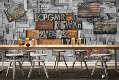 Image of Metal Wall 3D Typographic Letters Usa Flag Restaurant Art Wall Murals Wallpaper Decals Prints Decor IDCWP-JB-001137