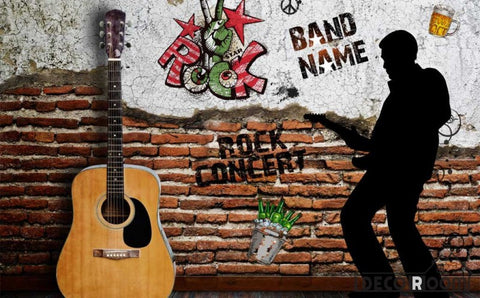 Image of Damage Brick Wall 3D Guitar Silhouette Man Playing Guitar Restaurant Art Wall Murals Wallpaper Decals Prints Decor IDCWP-JB-001138