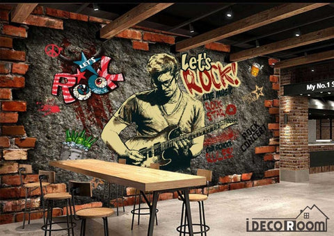 Image of Broken Brick Wall Drawing Man Playing Electric Guitar Living Room Art Wall Murals Wallpaper Decals Prints Decor IDCWP-JB-001139