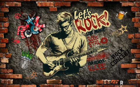 Image of Broken Brick Wall Drawing Man Playing Electric Guitar Living Room Art Wall Murals Wallpaper Decals Prints Decor IDCWP-JB-001139