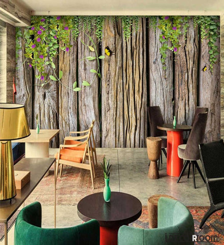 Image of Wooden Wall With Green Leaves Restaurant Art Wall Murals Wallpaper Decals Prints Decor IDCWP-JB-001141