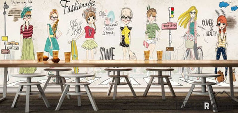 Image of White Wall Drawing Fashion Cartoons Restaurant Art Wall Murals Wallpaper Decals Prints Decor IDCWP-JB-001146