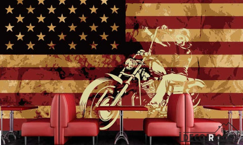 Image of Usa Flag White 3D Motorbike Restaurant Art Wall Murals Wallpaper Decals Prints Decor IDCWP-JB-001152